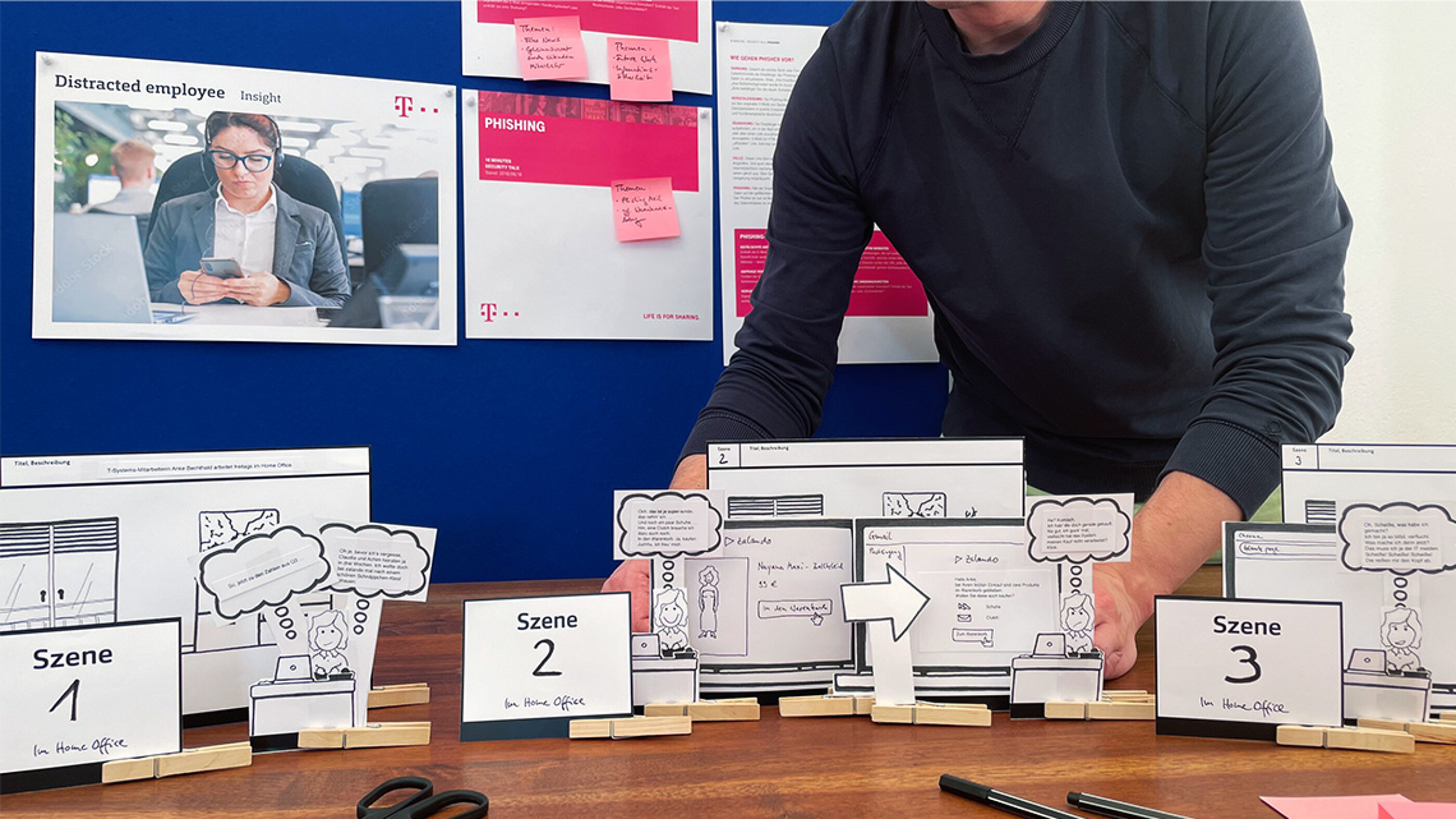 Userszenarien im Design Thinking / Innovation Prozess für T-Systems Userszenarien halfen im Design Thinking / Innovation Prozess für T-Systems, Probleme und Ausgangssituation der Mitarbeitenden zu verstehen.