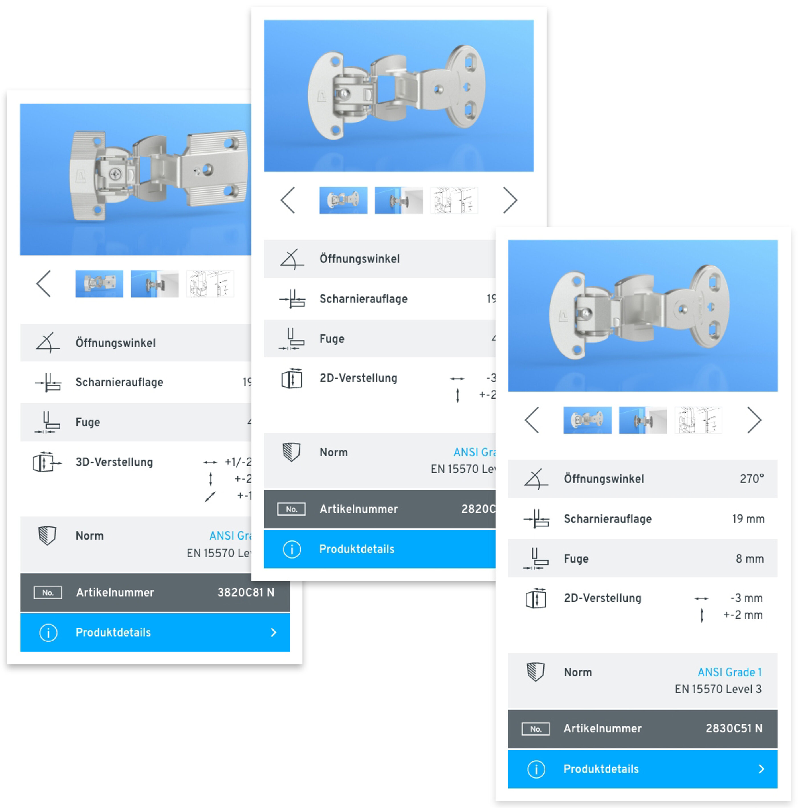 Über Produkt-Kacheln auf der Website lassen sich die Eigenschaften der PRÄMETA-Scharniere bequem vergleichen. Das User Interface Design der PRÄMETA Präzisionsmetall Website ermöglicht es, Produkte miteinander zu vergleichen.