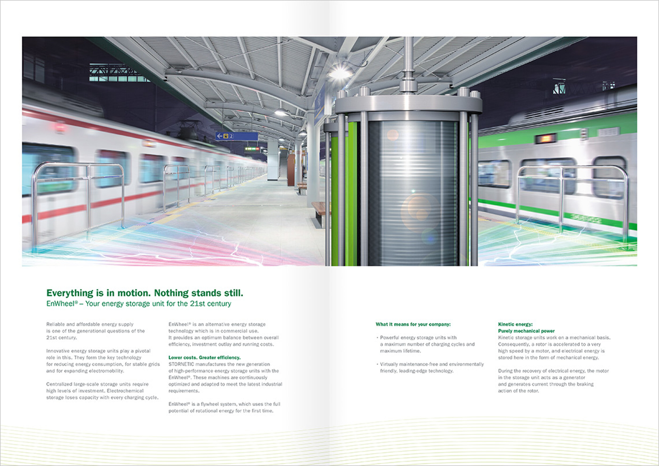 Image-Bilder, Produkt-Bilder, Corporate Colours, Schrift und das markentypische Gestaltungslemente der grünen Welle fügen sich im Layout zum visuellen Erscheidungsbild der Marke zusammen. Innenseiten einer STORNETIC Produkt Broschüre im neuen Corporate Design inspiriert potenzielle Kunden mit einem Use Case für die Schwungrad-Technologie.