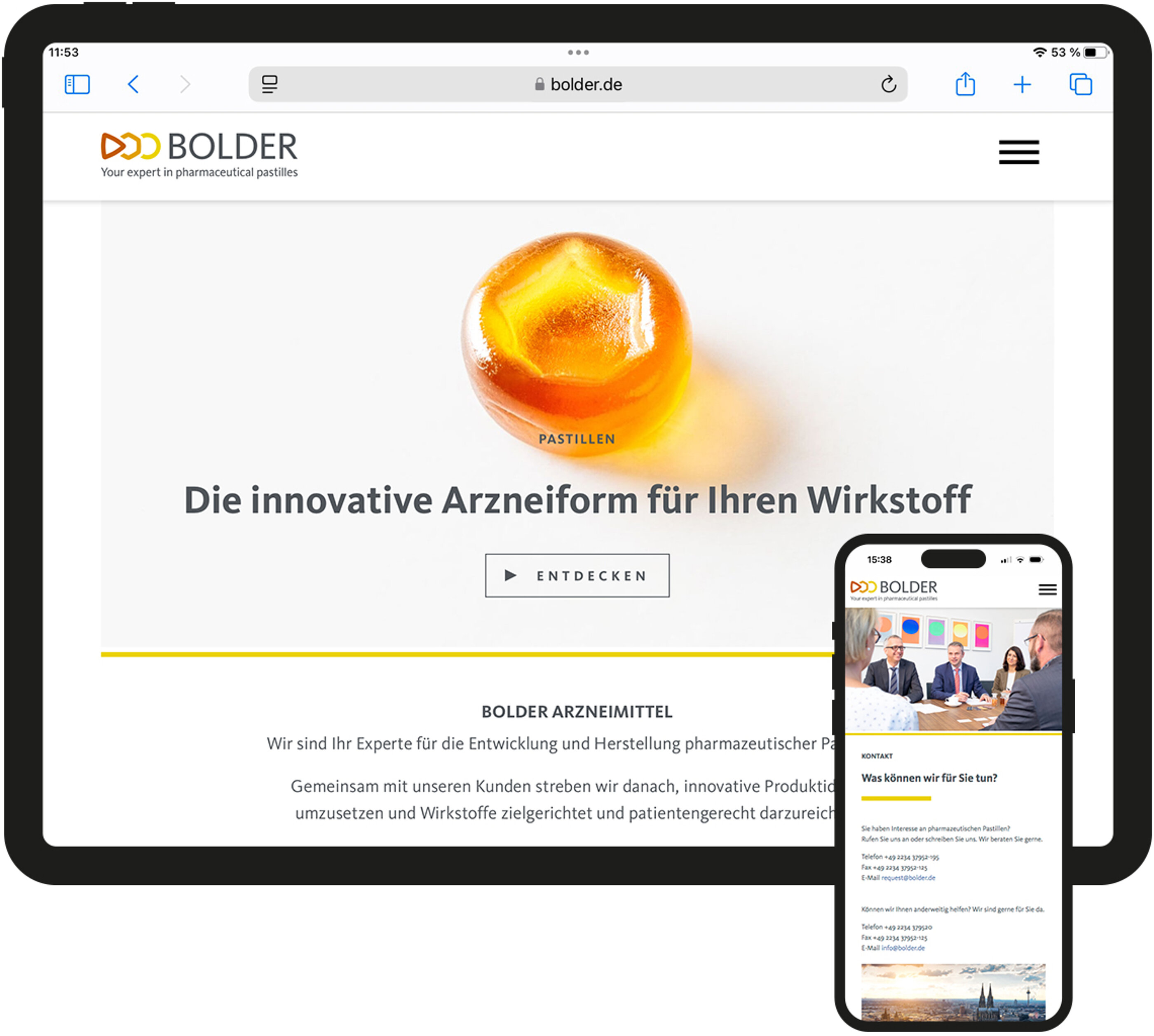 Als wichtiger Marken-Touchpoint ist die neue BOLDER Arzneimittel Website inhaltlich und gestalterisch on strategy und on brand. Desktop und Smartphone Ansicht des BOLDER Arzneimittel Marken Touchpoints Website.