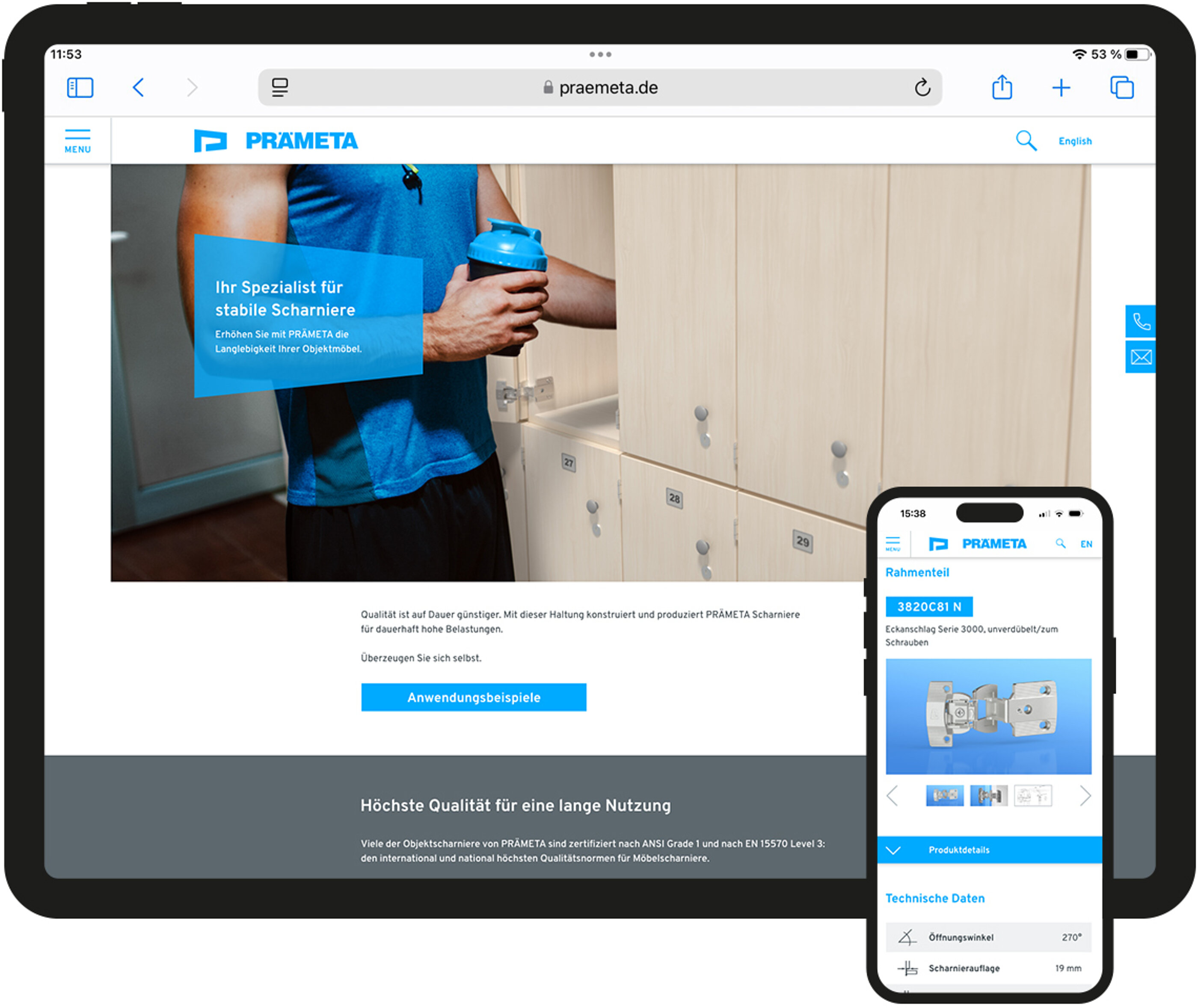 Aus der PRÄMETA Präzisionsmetall Markenstrategie und dem Corporate Design leitet sich der Content sowie das User Experience und Interface Design der neuen Website ab. Desktop und mobile Anwendung der PRÄMETA Präzisionsmetall Website.