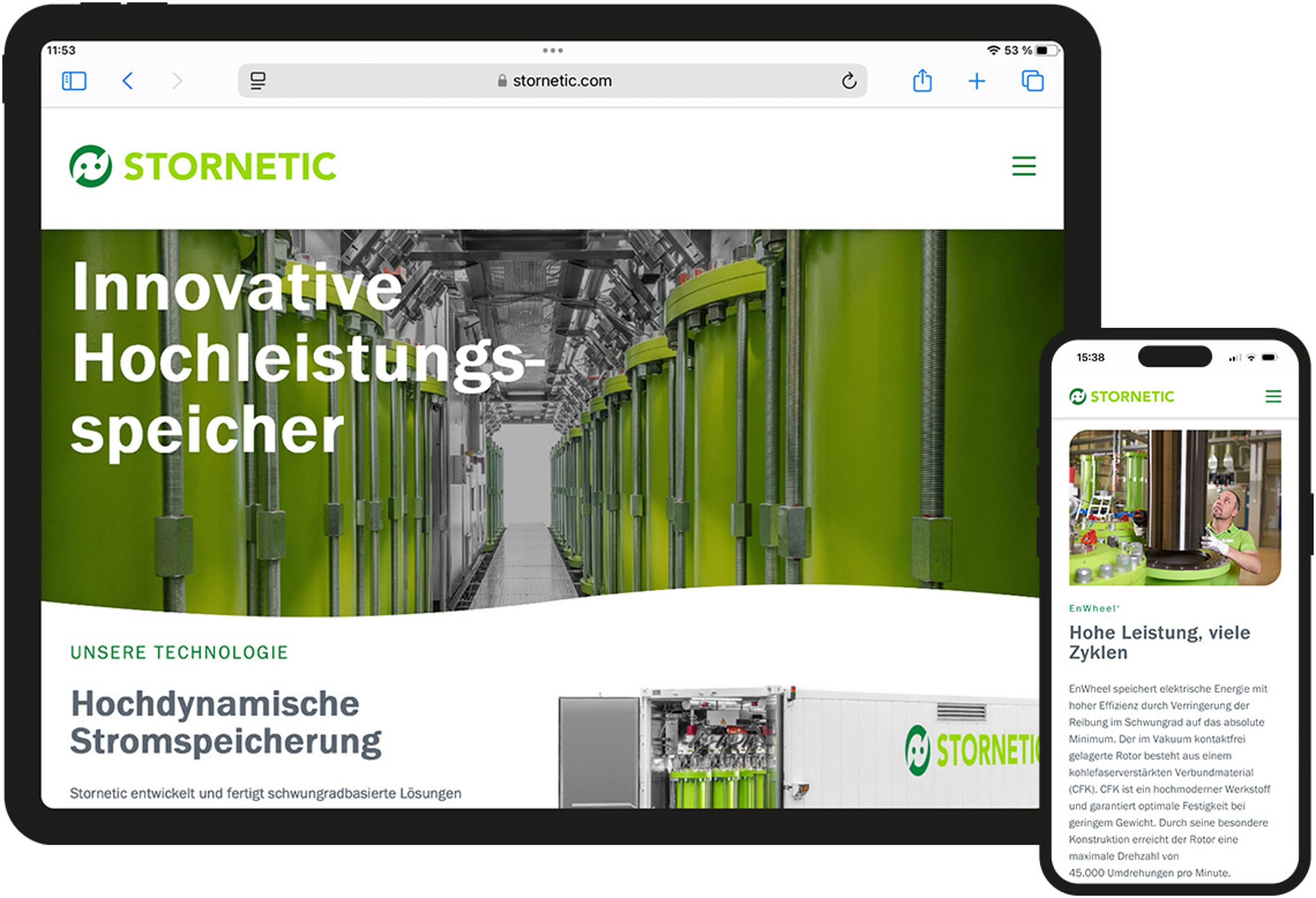 Als wichtiger Marken-Touchpoint ist die STORNETIC Website inhaltlich und gestalterisch "on strategy" und "on brand". Tablet und Smartphone Ansicht des STORNETIC Marken Touchpoints Website