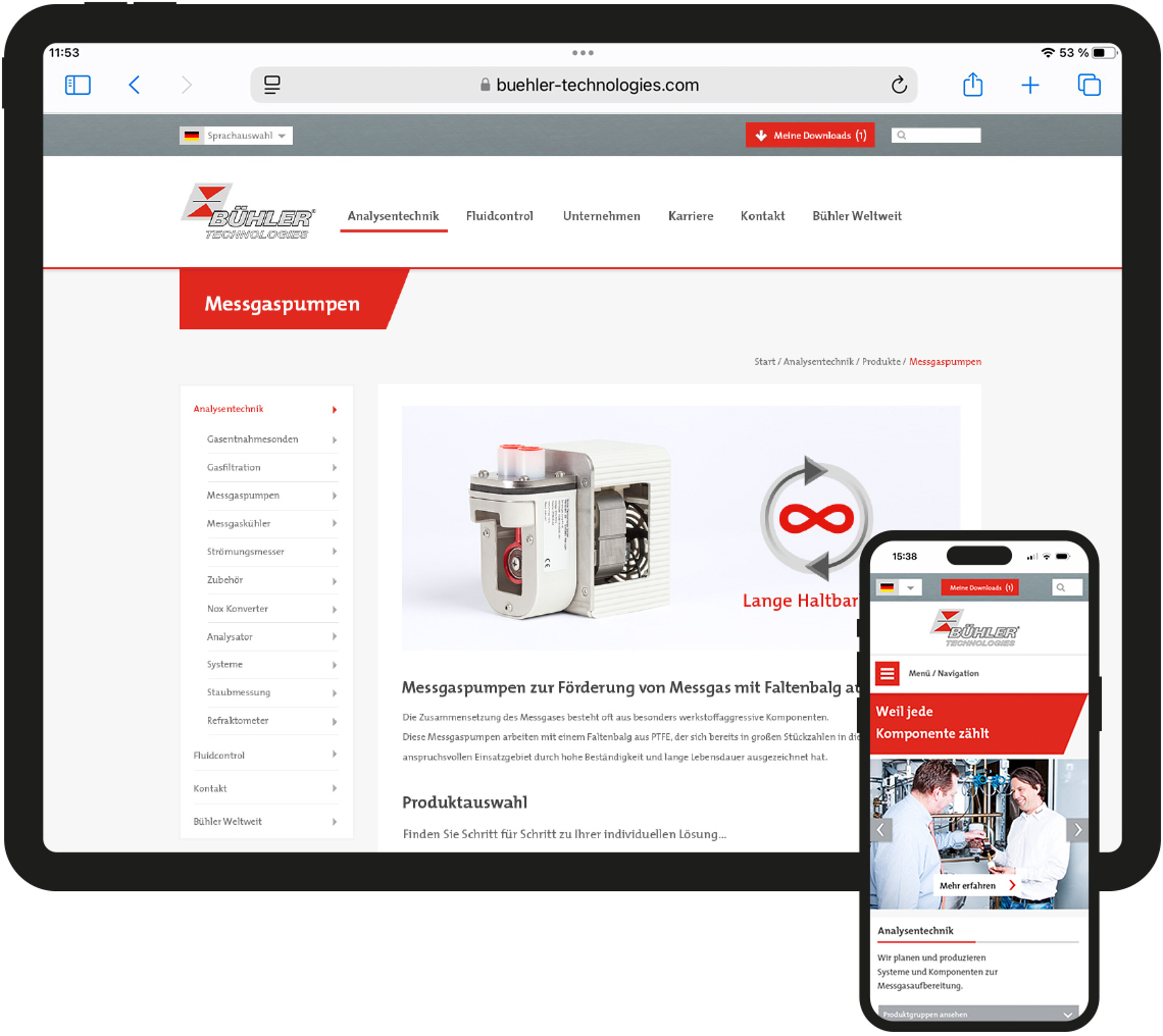 Als wichtiger Marken-Touchpoint ist die BÜHLER Technologies Website inhaltlich und gestalterisch on strategy und on brand. Desktop und Smartphone Ansicht des BÜHLER Technologies Marken Touchpoints Website.