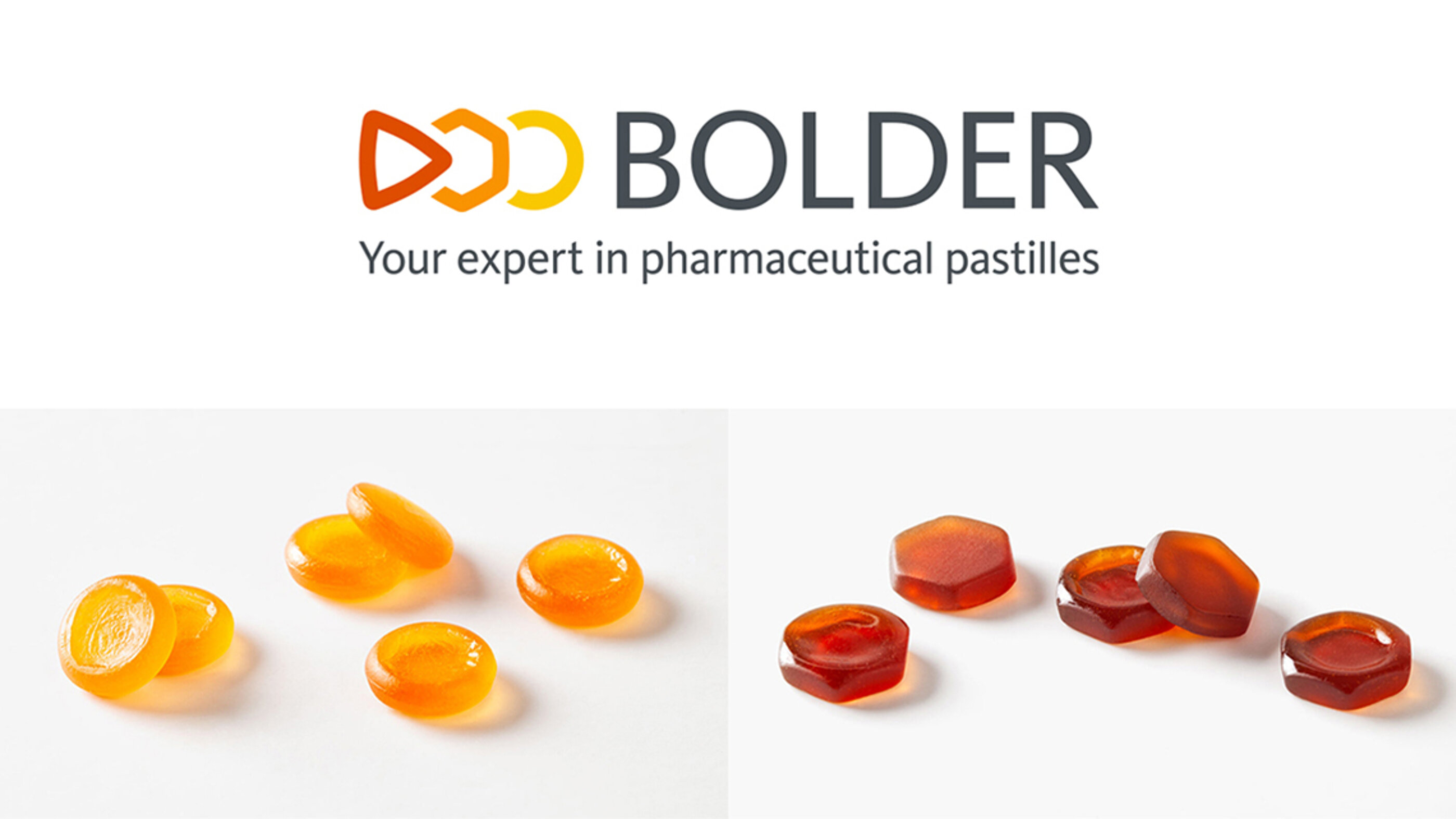 Die Bildmarke des Logos visualisiert das vielfältige Produkt-Design pharmazeutischer Pastillen. . Logo und Produktbilder pharmazeutischer Pastillen von BOLDER Arzneimittel.