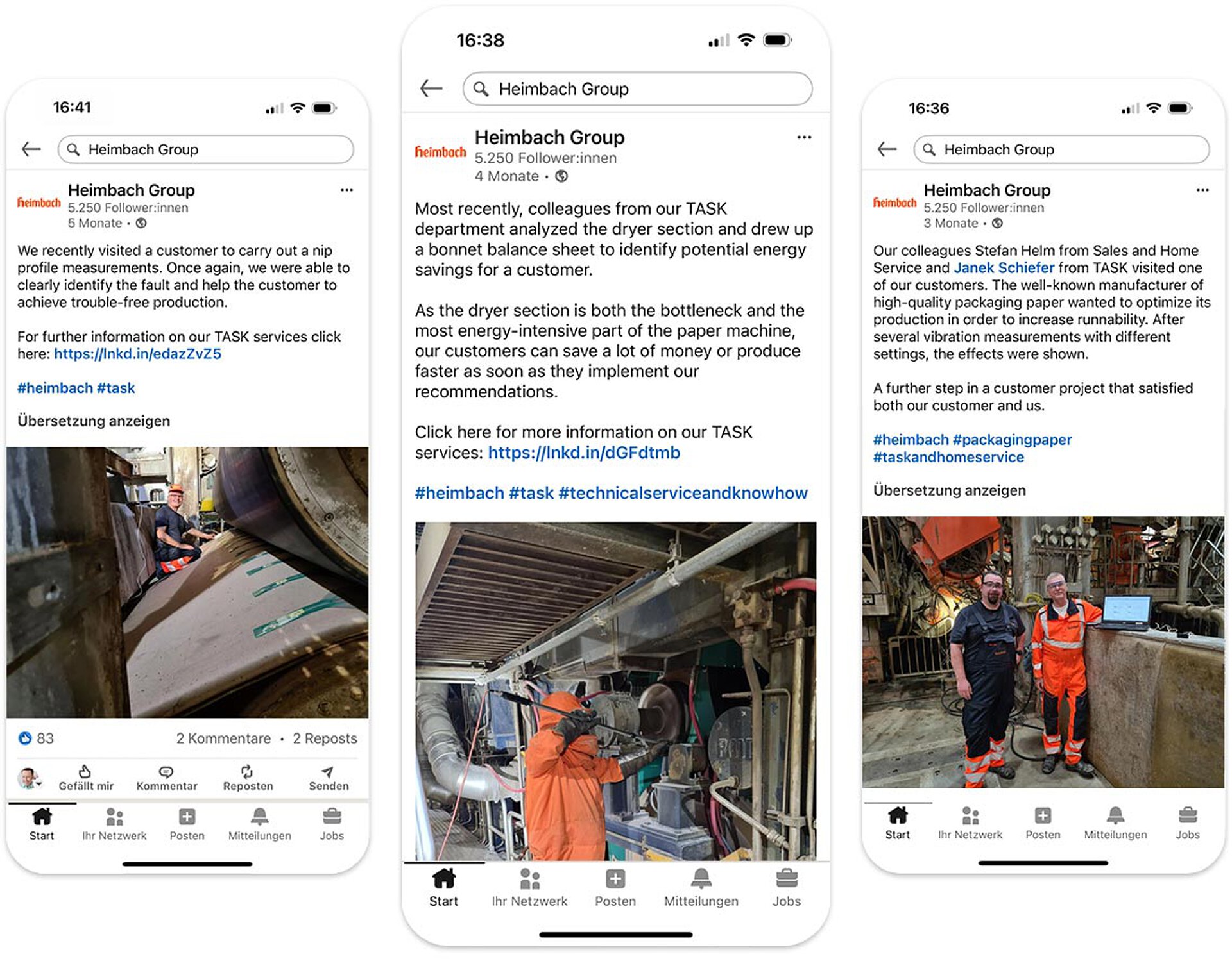 Drei beispielhafte LinkedIn-Posts von Heimbach, die in Story, Sprache und Bild das Markenversprechen vermitteln: Runnability sichern und Performance steigern.