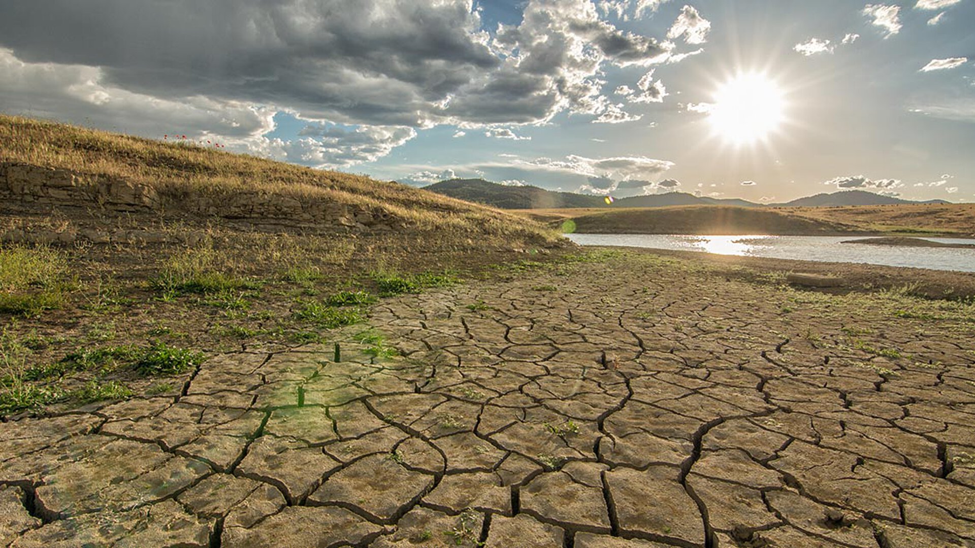 Eine lange Dürreperiode hat diese Landschaft gezeichnet, den Wasserstand sinken und den Boden austrocknen lassen.