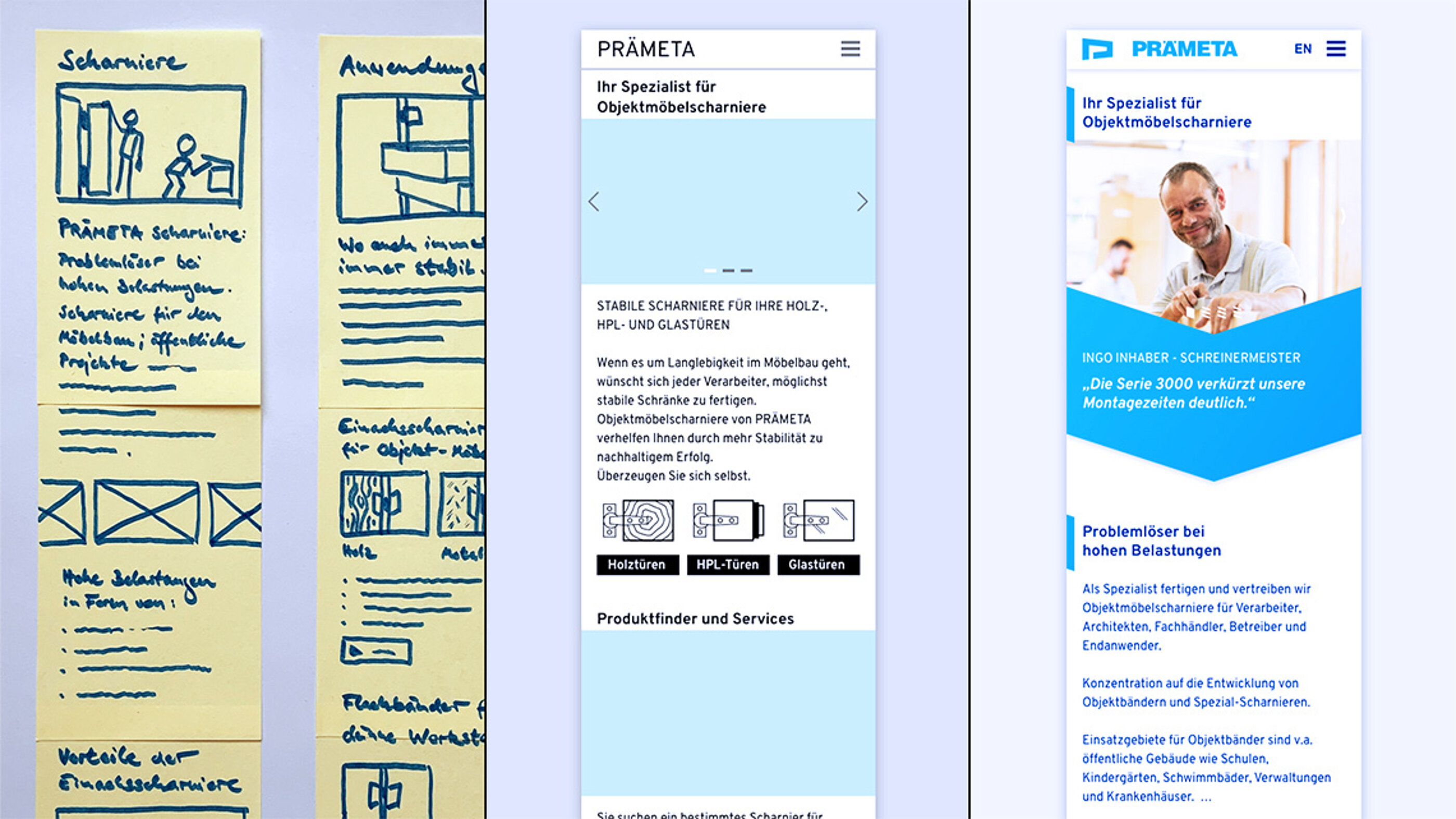 Iterative Entwicklung der PRÄMETA-Website vom Lo-Fi- zum Hi-Fi-Prototypen im Mobile-First-Ansatz. User Experience Design Prototypen der PRÄMETA Präzisionsmetall Website aus einem iterativen Prozess.