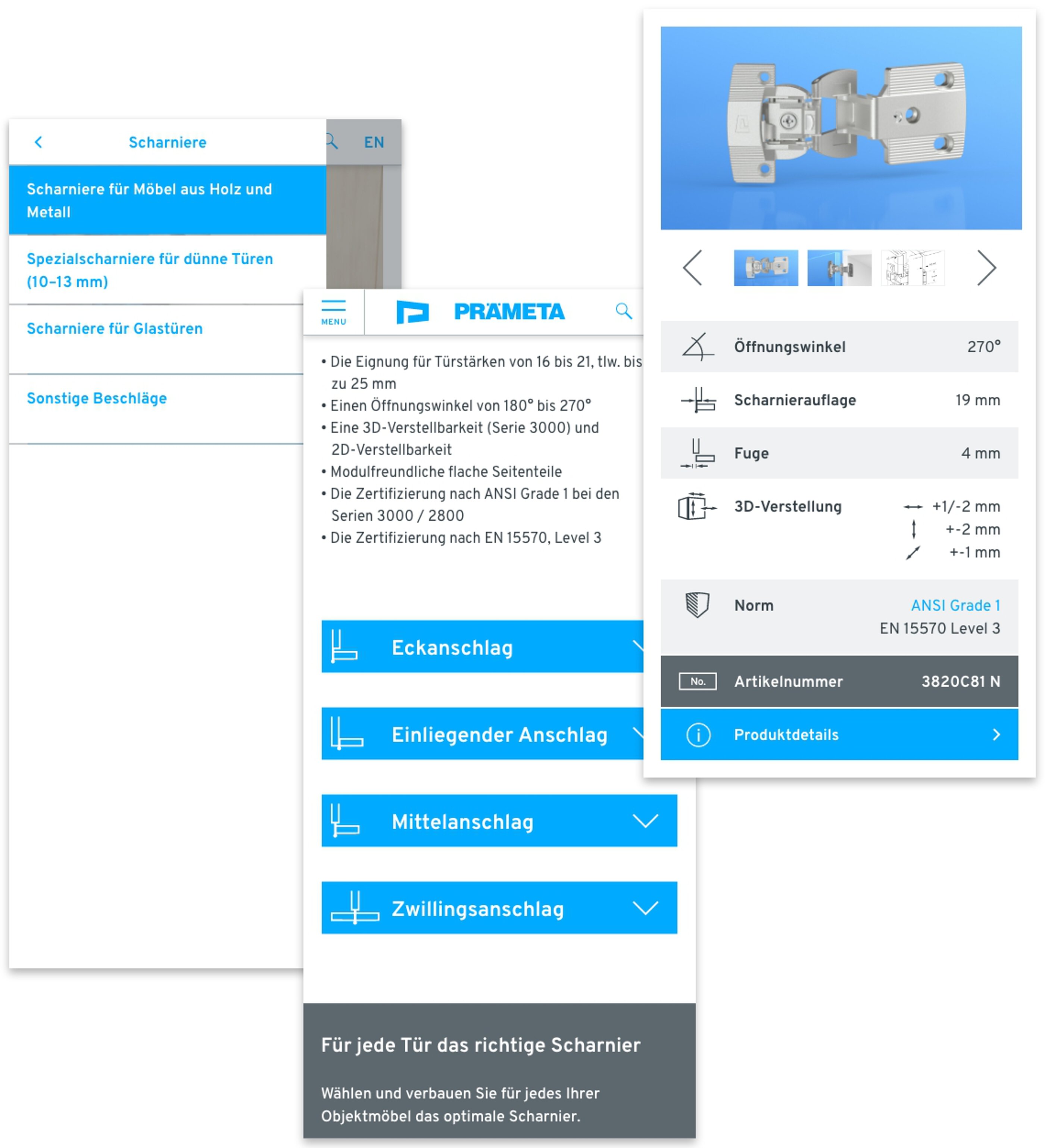 Die Navigation zum Produkt und die aufgeführten Features orientieren sich an den wichtigsten Fragen des Nutzers. User Experience Design Beispiele der Website des Scharnier Herstellers PRÄMETA.