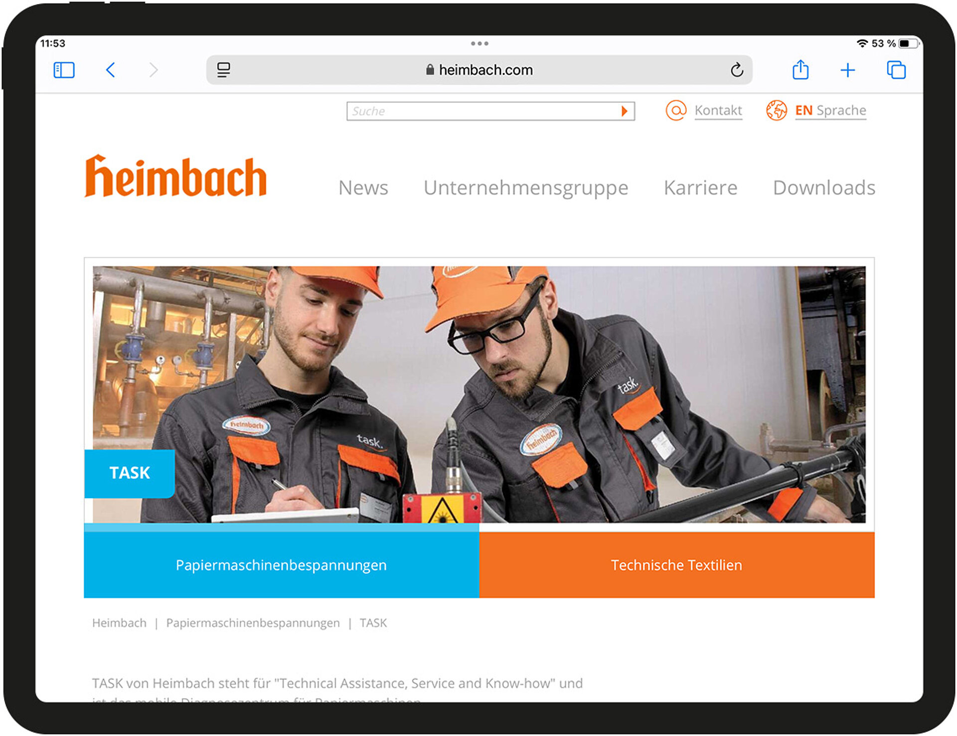 Egal ob die Papierfabrik auf Hygienepapiere oder Kartonagen für den Versandhandel ausgerichtet ist – Papiermacher finden auf der Heimbach-Website reichhaltige Infos zu Bespannungen und Services für eine wettbewerbsfähige Produktion. Heimbach-Website in der Tablet-Ansicht