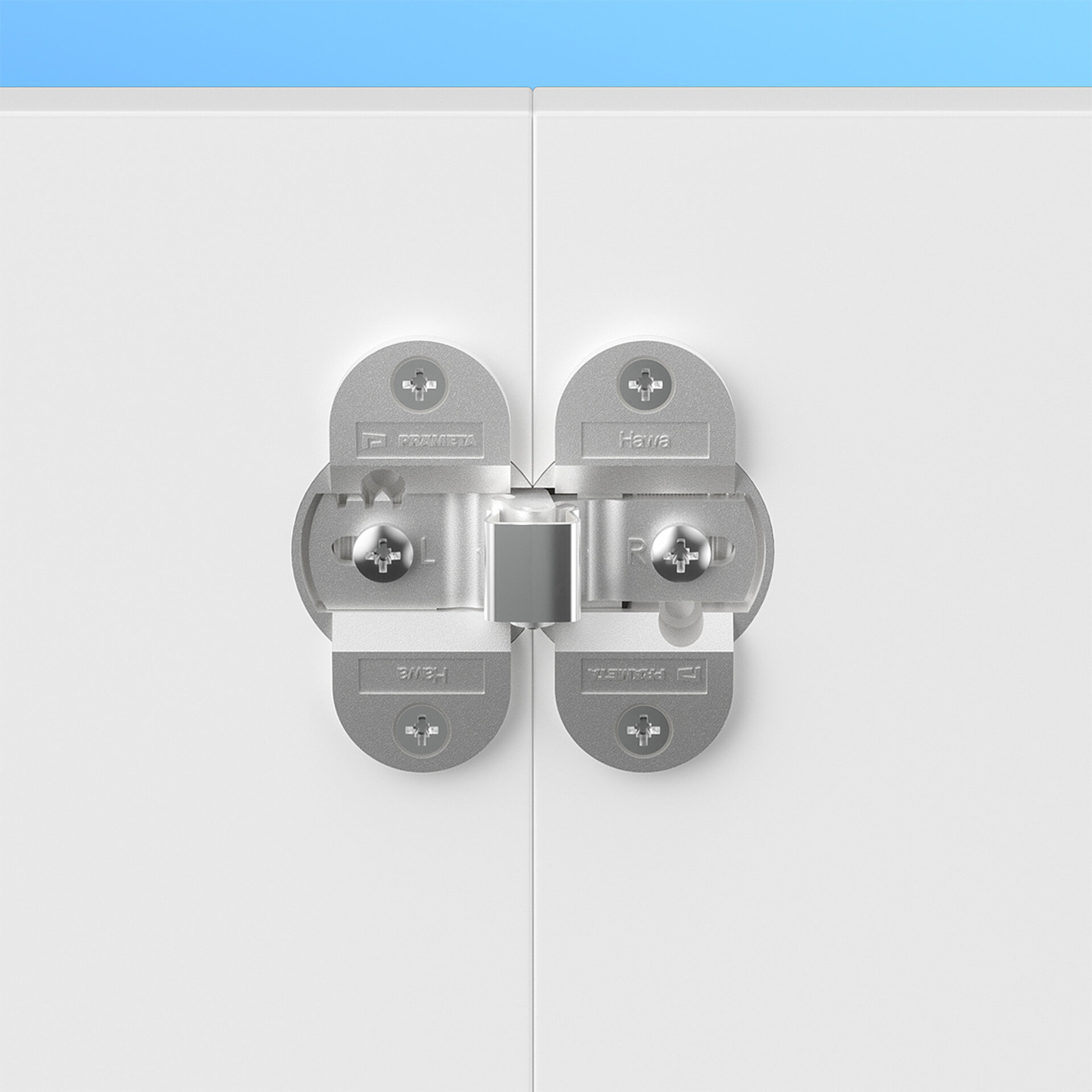 Produkt Bild in einem eigentypischen Look der Marke PRÄMETA Präzisionsmetall zeigt ein eingebautes Falttür-Scharnier.