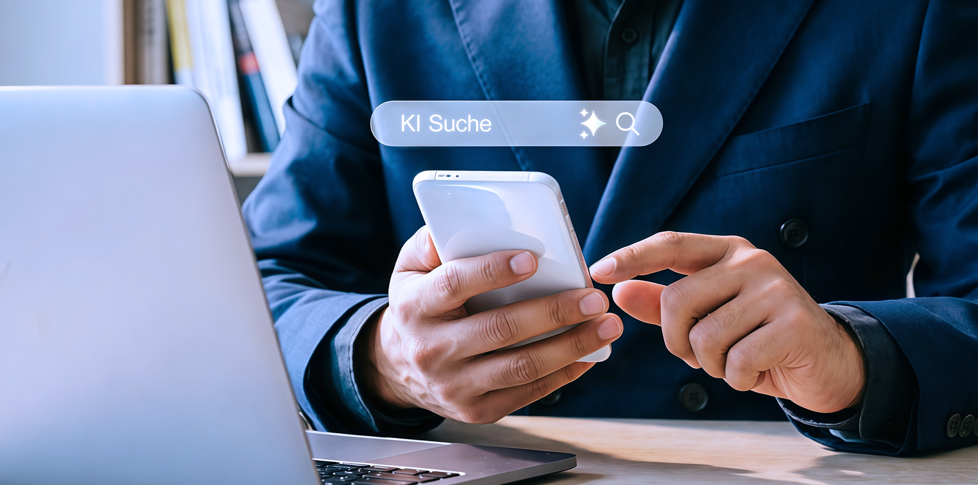 Mann im Anzug nutzt Smartphone mit KI-Suchleiste – Sichtbarkeit in KI-Suchen 